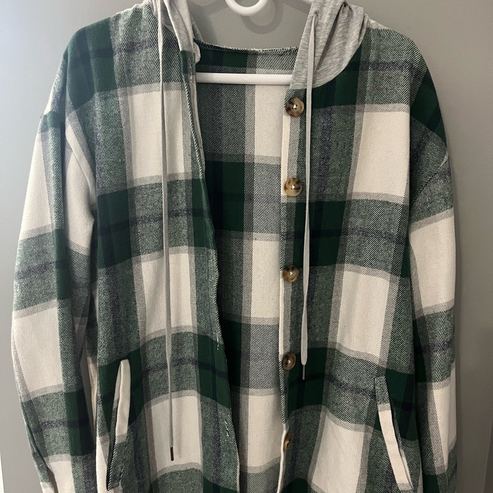 Green Plaid Hooded Button-Front Sweatshirt